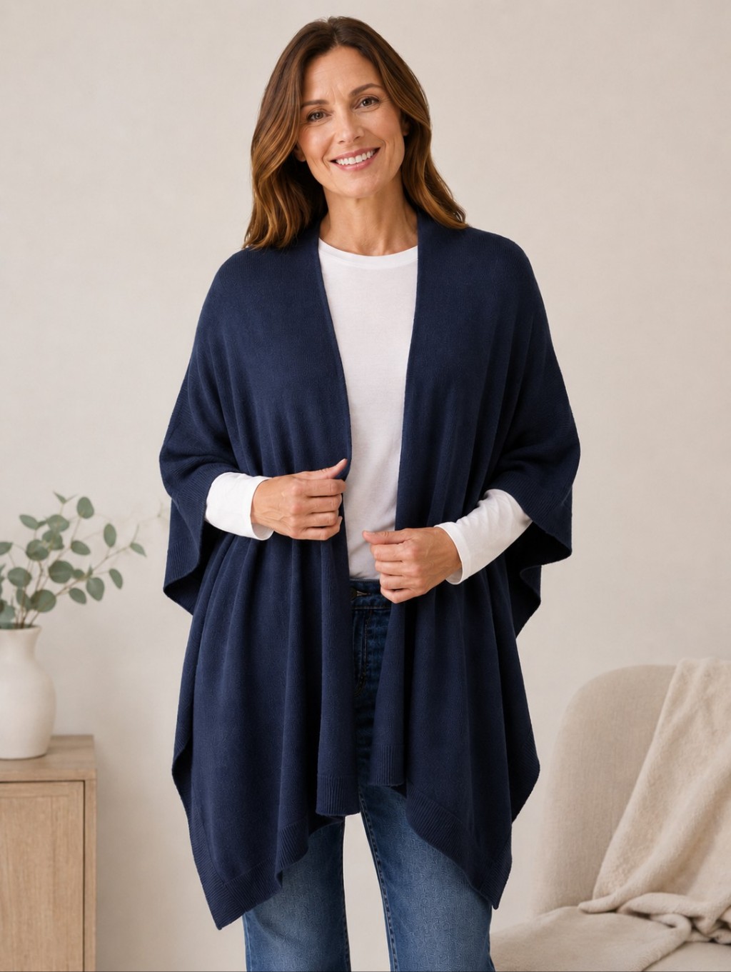 Woolovers Navy Blue Cashmere Merino Wool Blend Shawl Open Cardigan One Size